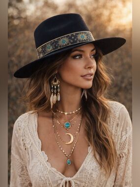 Lack of Color Phoenix Fedora Black Wool Brim Gold Celestial Band Boho Western